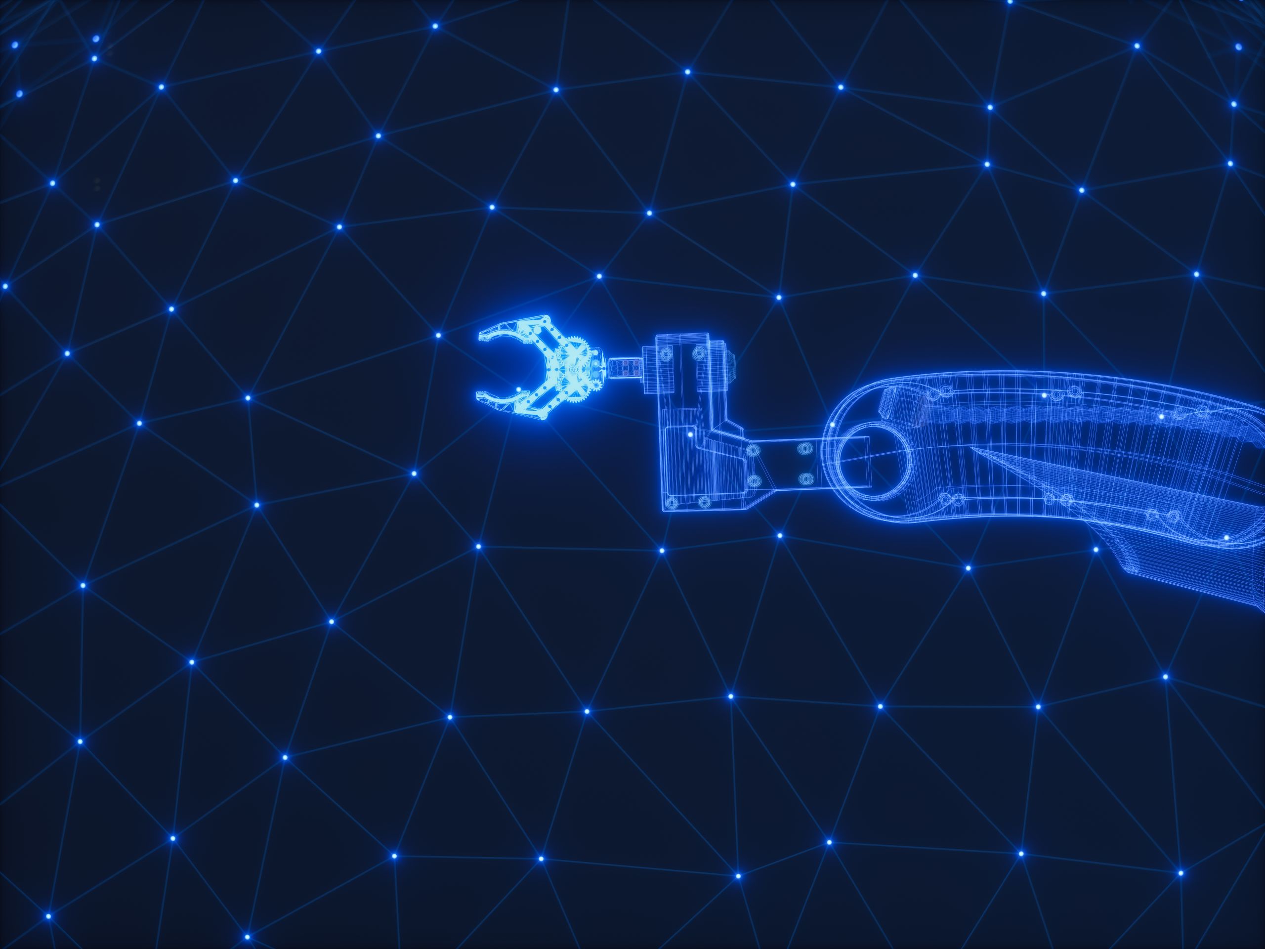 Grafik eines Roboterarms, eine Netzwerkstruktur im Hintergrund.