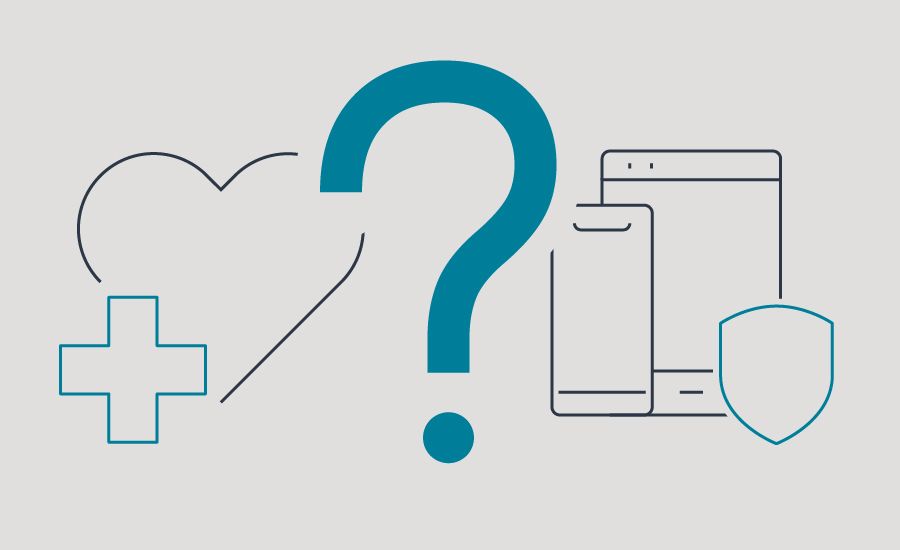 Grafik: Ein großes Fragezeichen steht zwischen einem Herz-Icon mit medizinischem Kreuz und elektronischen Geräten mit Schutzschild-Icon