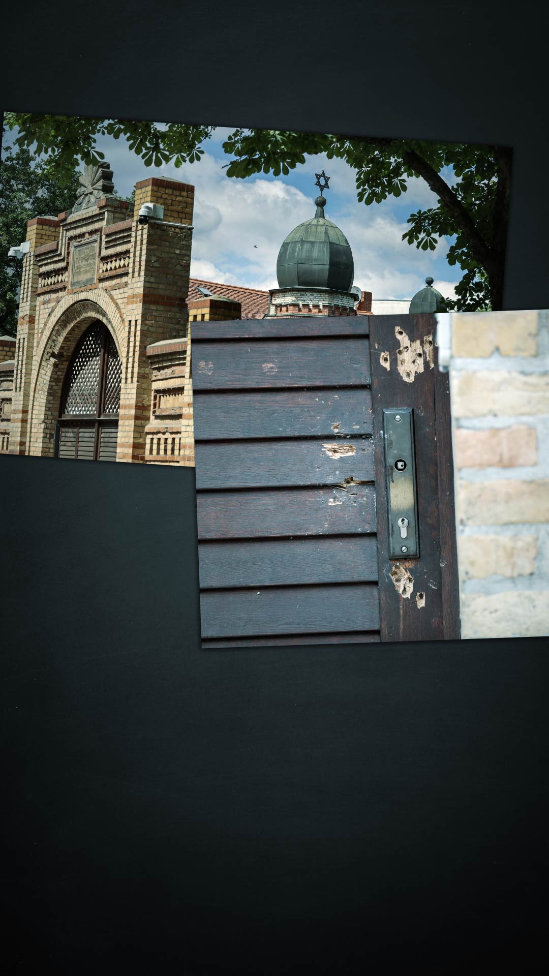 Halle, Synagogen-Tür mit Einschusslöchern vom Tag des Attentats