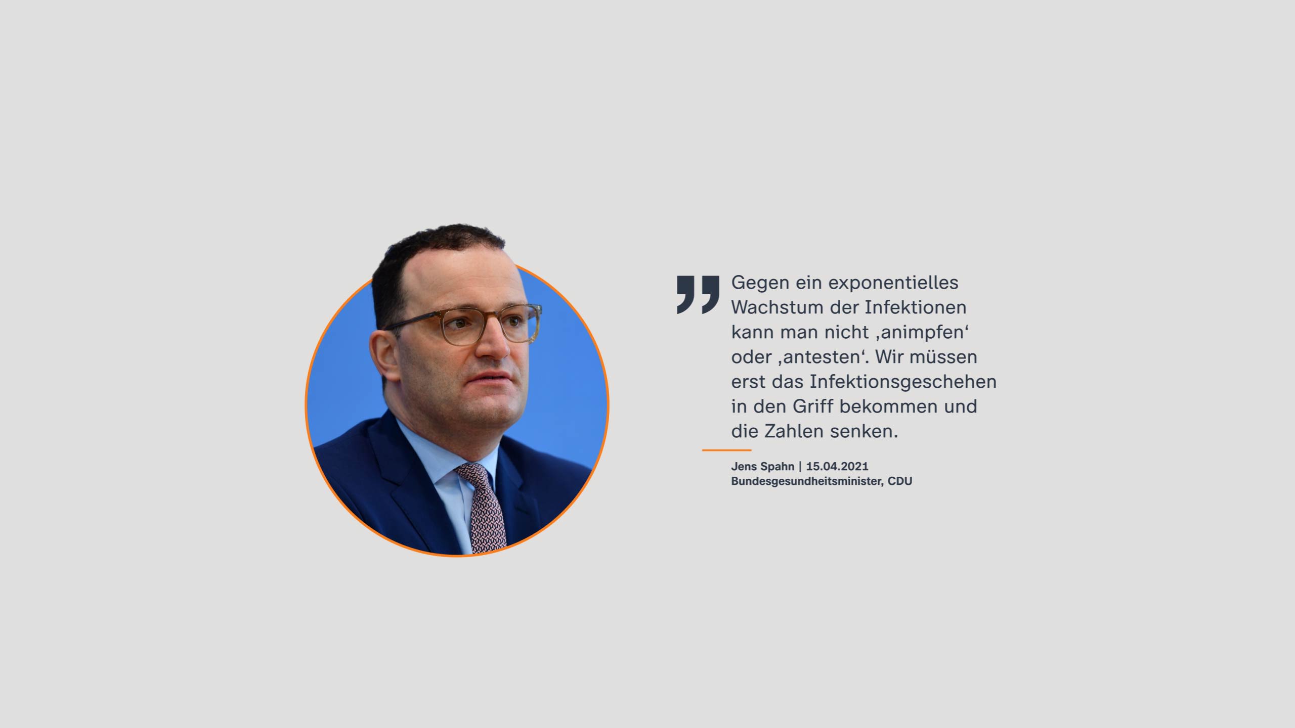 Jens Spahn, Bundesgesundheitsminister | 15.04.2021: "Gegen ein exponentielles Wachstum der Infektionen kann man nicht ‚animpfen‘ oder ‚antesten‘. Wir müssen erst das Infektionsgeschehen in den Griff bekommen und die Zahlen senken."