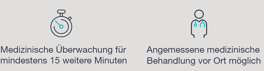 Medizinische Überwachung für mindestens 15 weitere Minuten. Angemessene medizinische Behandlung vor Ort möglich