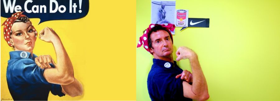 Das "We Can Do It"-Gemälde einer Frau wird von einem Mann nachgestellt. Er trägt das gleiche Outfit. Statt der Sprechblase "We can do it" sind andere Icons wie ein Nike-Icon und die Campbell's Soup Can von Warhol eingefügt.