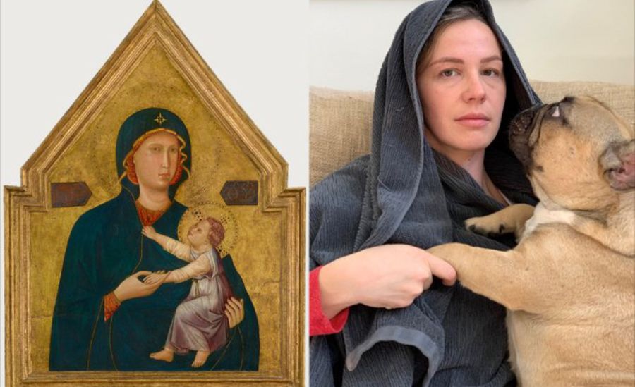 Bilder der Getty Museums Challenge. Ein original Gemälde von Maria mit Jesus auf dem Arm wird von einer Frau nachgestellt. Sie trägt ein Handtuch auf dem Kopf und einen Hund auf dem Arm.