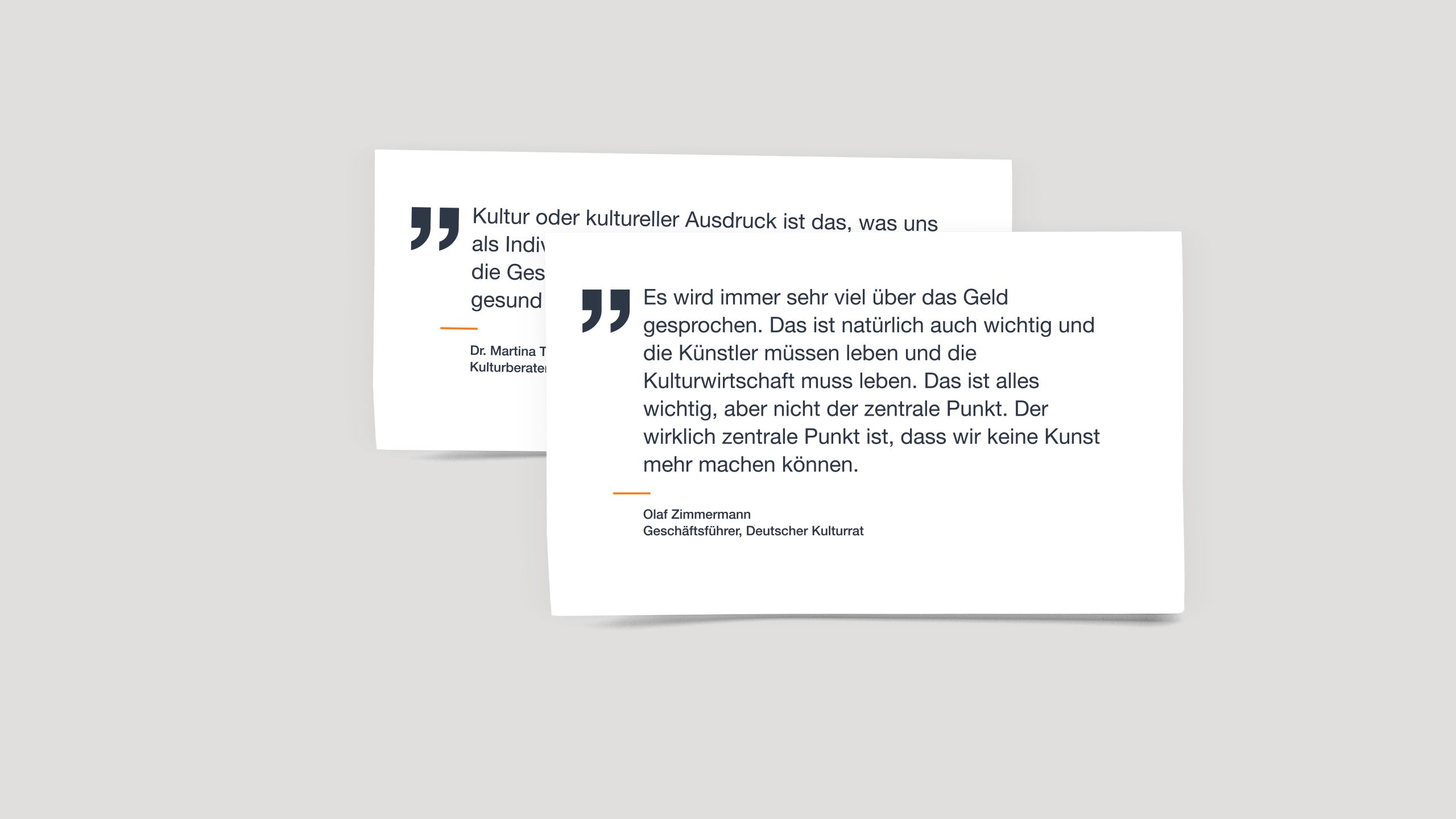 Zitat von Olaf Zimmermann, Geschäftsführer, Deutscher Kulturrat: "Es wird immer sehr viel über das Geld gesprochen. Das ist natürlich auch wichtig und die Künstler müssen leben und die Kulturwirtschaft muss leben. Das ist alles wichtig, aber nicht der zentrale Punkt. Der wirklich zentrale Punkt ist, dass wir keine Kunst mehr machen können.“