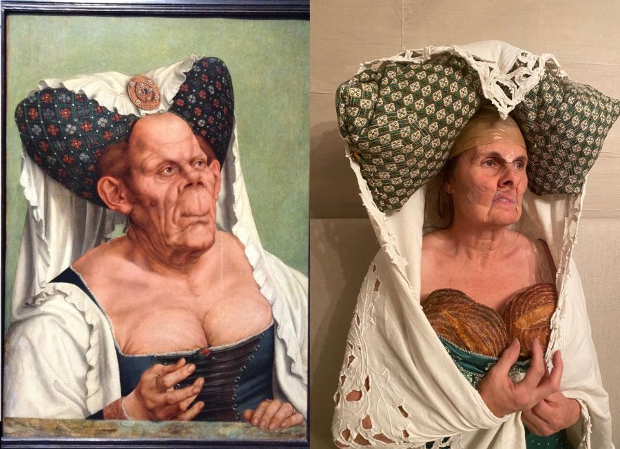 Das Gemälde "Eine groteske alte Frau" ist von einer Dame nachgestellt worden. Sie trägt Brote vor der Brust und ein Kissen auf dem Kopf.
