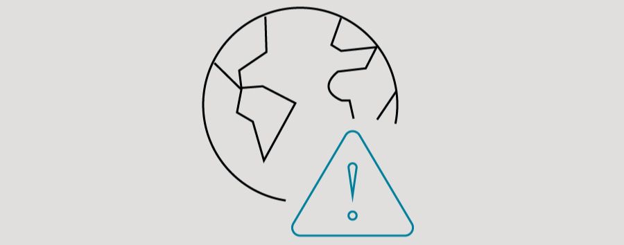 Icon: Weltkugel mit Ausrufezeichen-Schild davor.