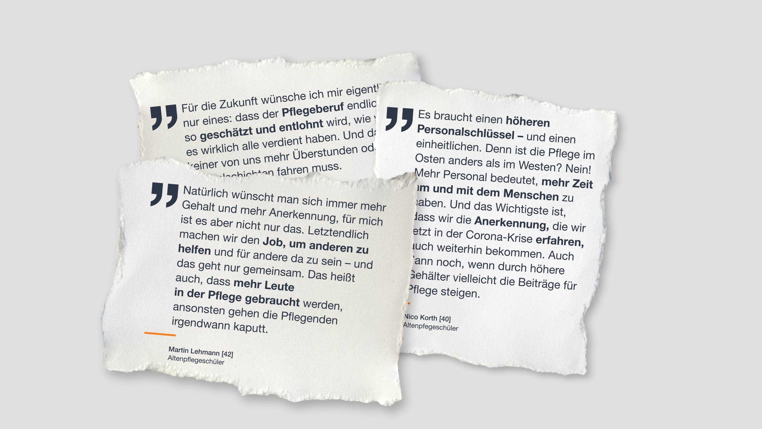Zitat: "Natürlich wünscht man sich immer mehr Gehalt und mehr Anerkennung, für mich ist es aber nicht nur das. Letztendlich machen wir den Job, um anderen zu helfen und für andere da zu sein – und das geht nur gemeinsam. Das heißt auch, dass mehr Leute in der Pflege gebraucht werden, ansonsten gehen die Pflegenden irgendwann kaputt." Martin Lehmann, 42, Altenpflegeschüler