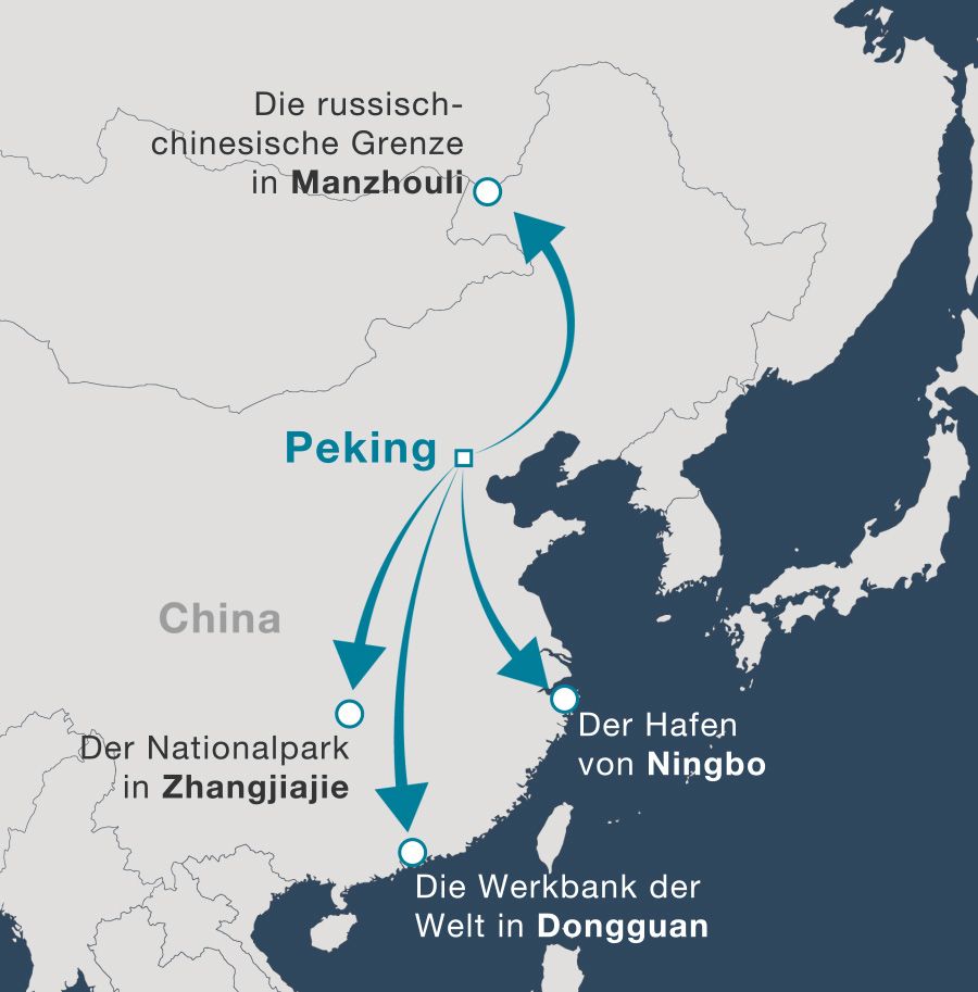 Karte: Vier Reiserouten mit Pfeilen, die von Peking ausgehen: Nationalpark in Zhangjiajie, Hafen von Ningbo, Werkbank der Welt in Dongguan, die russisch-chinesische Grenze in Manzhouli