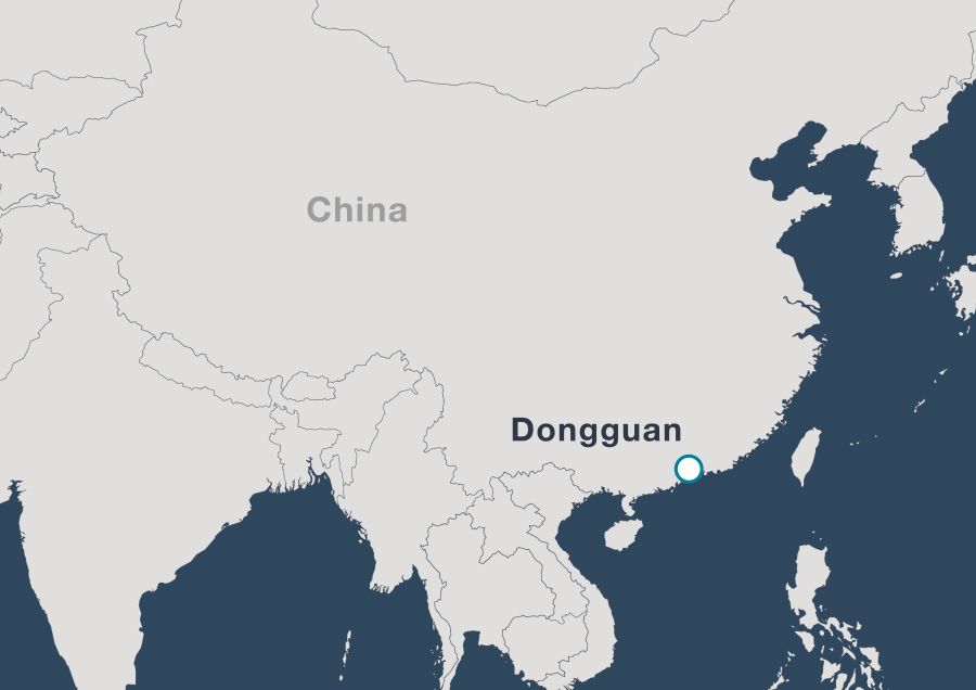 Karte: Dongguan an Chinas südlicher Küste ist eingezeichnet.