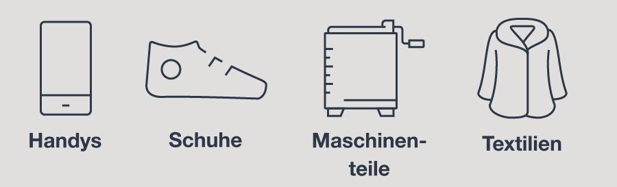 Icons: Handy, Schuhe, Maschinenteile, Textilien