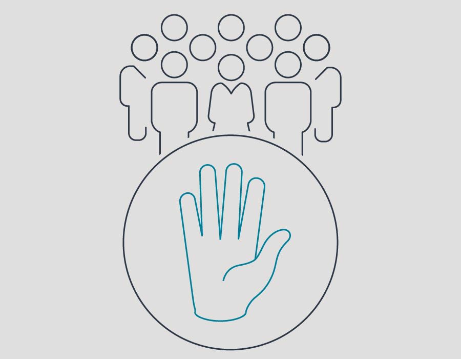 Icons: Verbotsschild mit einer Hand darauf. Dahinter eine Reisegruppe.