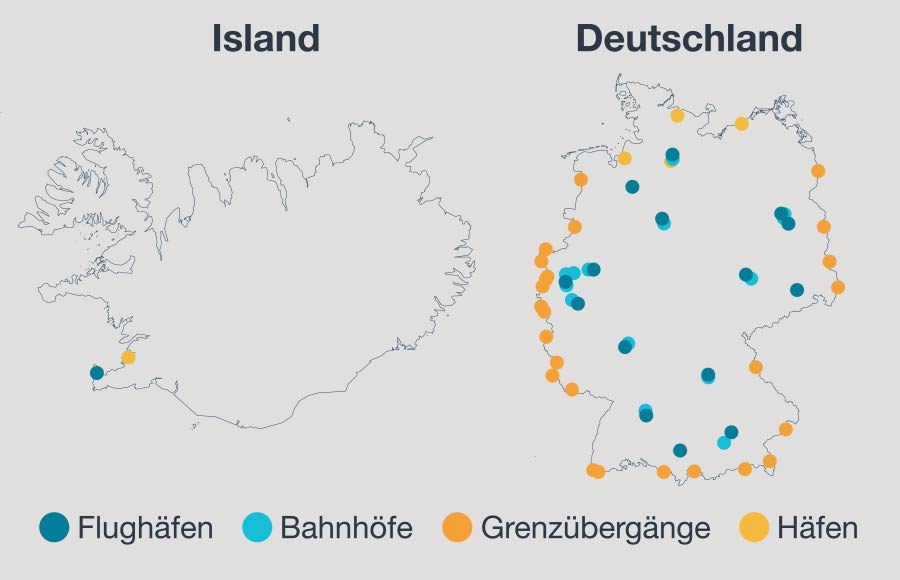 Umriss von Island und Deutschland. Eingezeichnet sind Einreisepunkte in die Länder, wie Flughäfen, Bahnhöfe, Grenzübergänge und Häfen