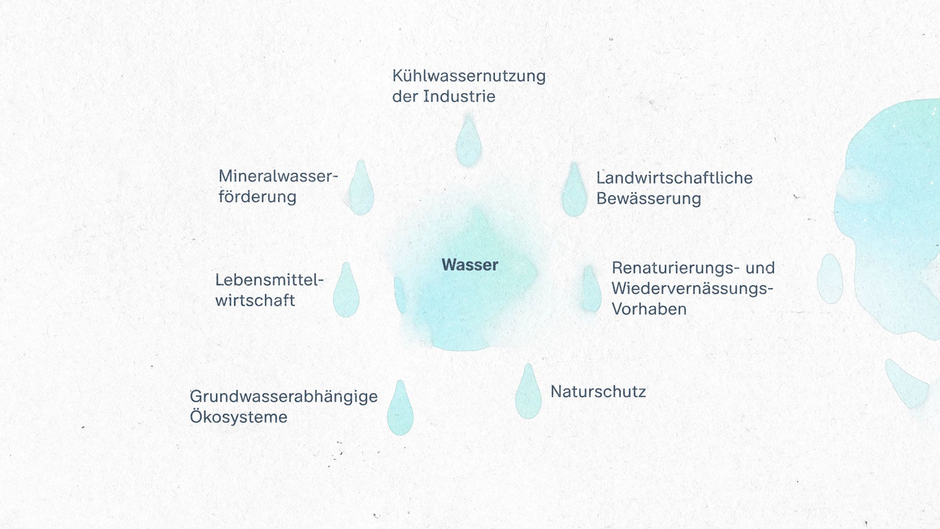 Konflikte um Wasser drohen zwischen folgenden Parteien: Mineralwasserförderung, Lebensmittelwirtschaft, Grundwasserabhängige Ökosysteme, Landwirtschaftliche Bewässerung, Kühlwassernutzung der Industrie, Naturschutz, Renaturierungs- und Wiedervernässungs-Vorhaben